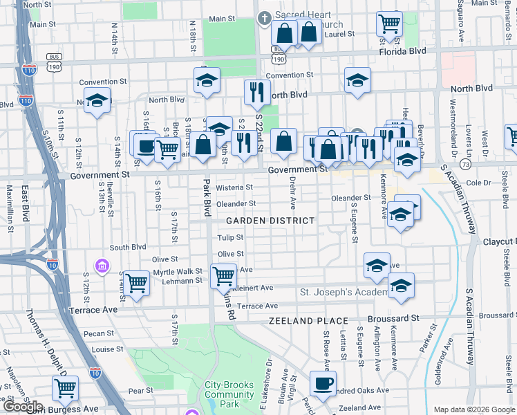 map of restaurants, bars, coffee shops, grocery stores, and more near 2175 Oleander Street in Baton Rouge