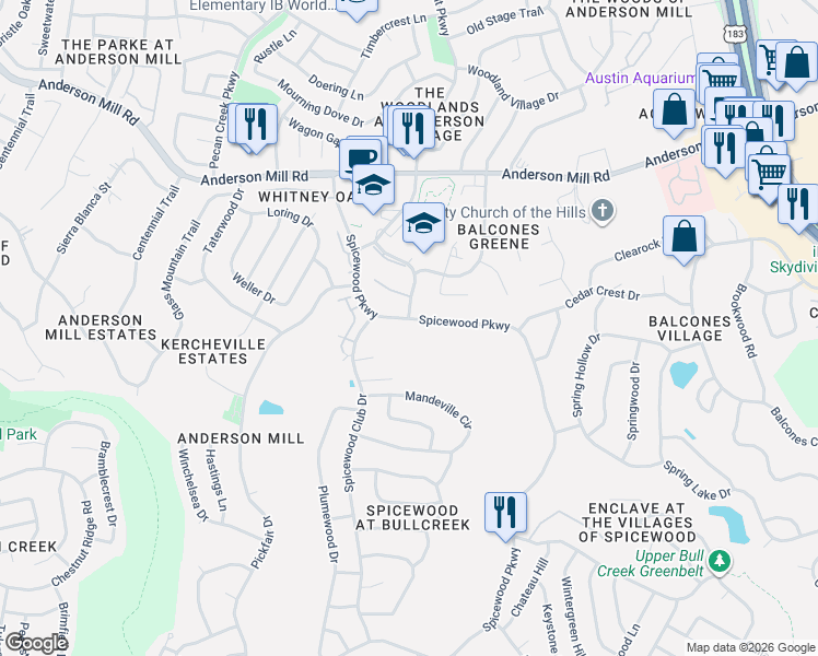 map of restaurants, bars, coffee shops, grocery stores, and more near 11533 Spicewood Parkway in Austin