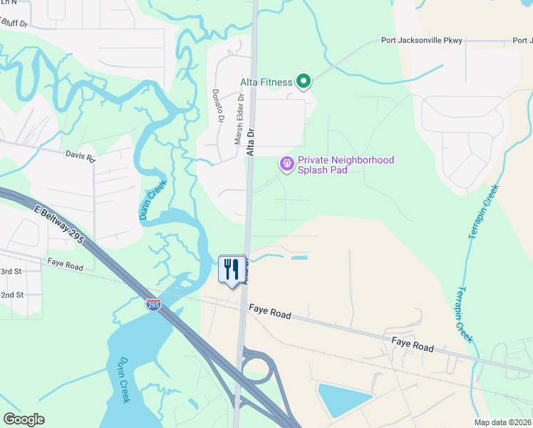 map of restaurants, bars, coffee shops, grocery stores, and more near 3004-3098 Misty Marsh Drive in Jacksonville