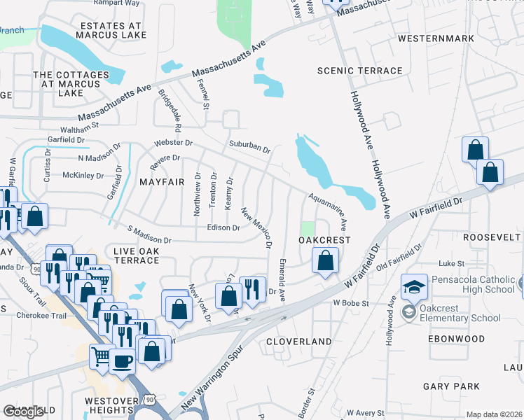 map of restaurants, bars, coffee shops, grocery stores, and more near 1010 Edison Drive in Pensacola