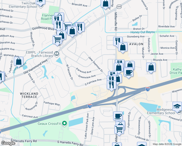 map of restaurants, bars, coffee shops, grocery stores, and more near 13557 Parwood Avenue in Baton Rouge