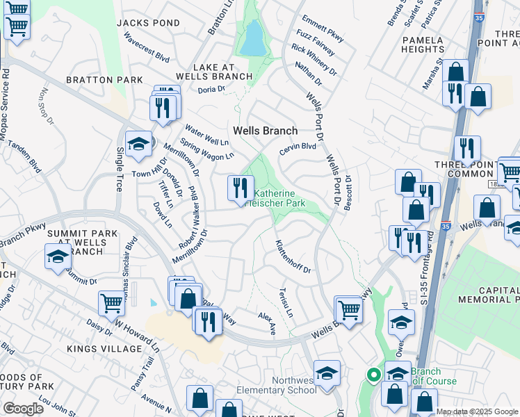 map of restaurants, bars, coffee shops, grocery stores, and more near 2106 Klattenhoff Drive in Austin