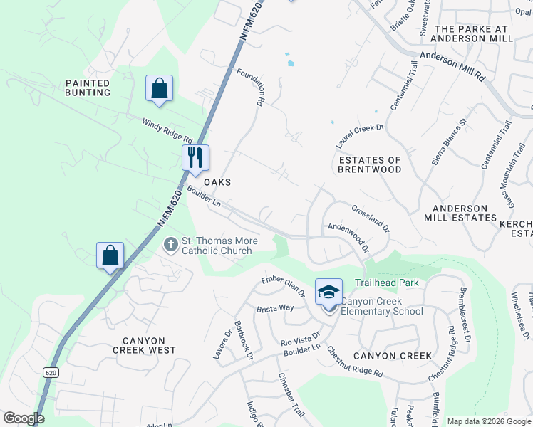 map of restaurants, bars, coffee shops, grocery stores, and more near 11502 Boulder Lane in Austin