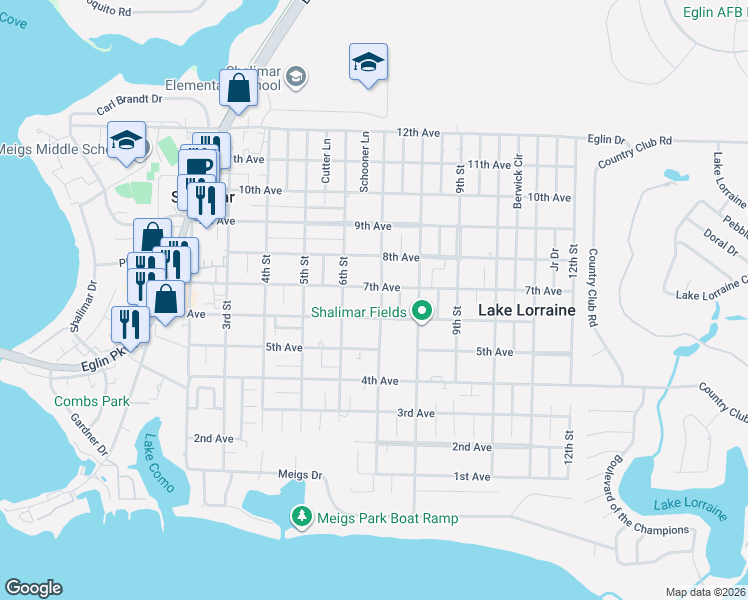 map of restaurants, bars, coffee shops, grocery stores, and more near 47 7th Street in Shalimar