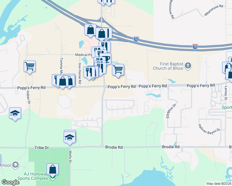 map of restaurants, bars, coffee shops, grocery stores, and more near 1651 Popp's Ferry Road in Biloxi