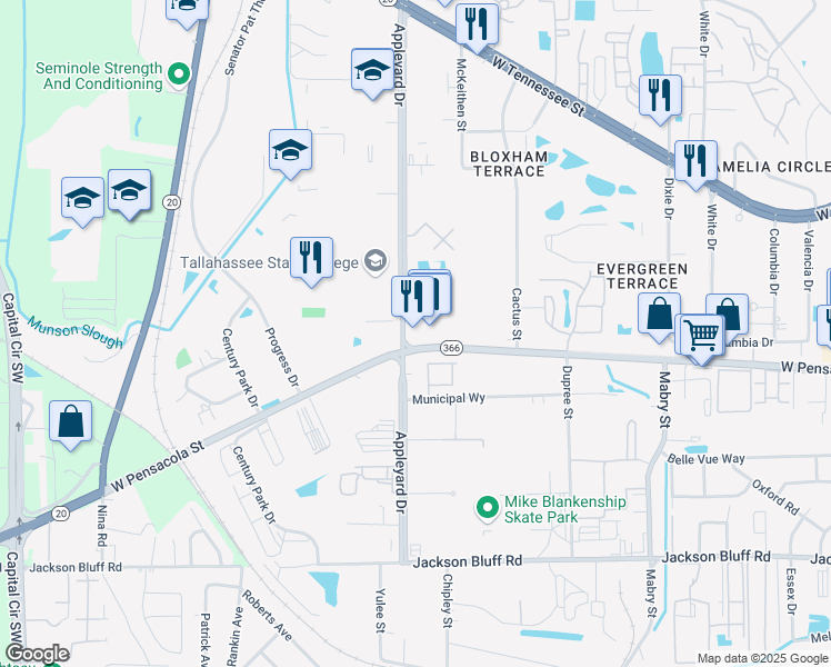 map of restaurants, bars, coffee shops, grocery stores, and more near 3030 West Pensacola Street in Tallahassee