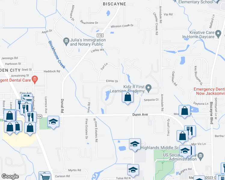 map of restaurants, bars, coffee shops, grocery stores, and more near 2445 Dunn Avenue in Jacksonville