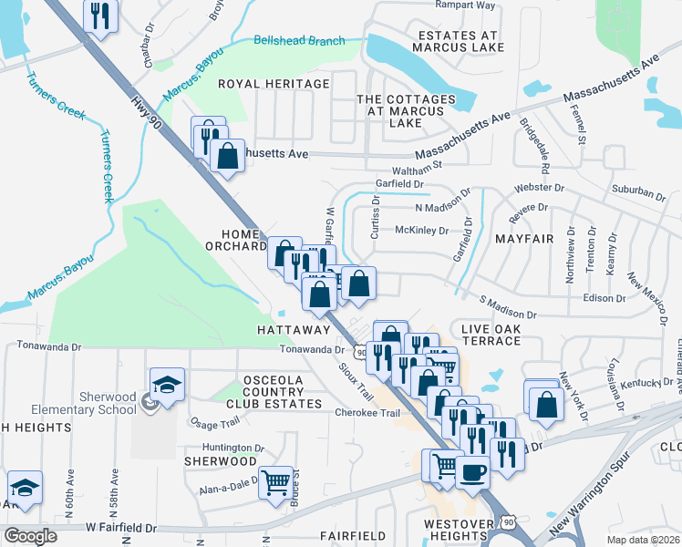 map of restaurants, bars, coffee shops, grocery stores, and more near 107 West Garfield Drive in Pensacola