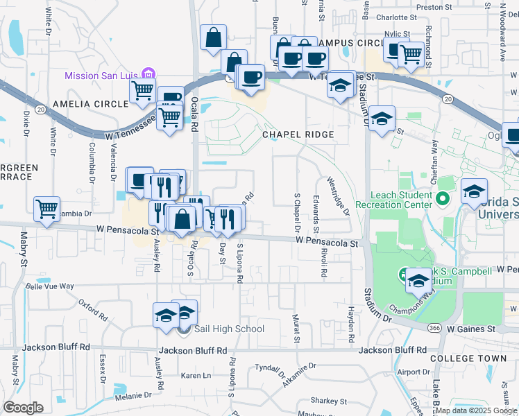 map of restaurants, bars, coffee shops, grocery stores, and more near 207 Iris Circle in Tallahassee