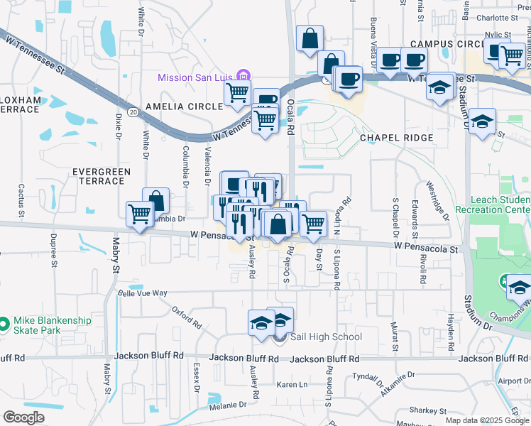 map of restaurants, bars, coffee shops, grocery stores, and more near 106 Ocala Road in Tallahassee