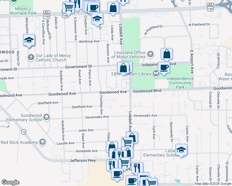 map of restaurants, bars, coffee shops, grocery stores, and more near 7366 Goodwood Avenue in Baton Rouge