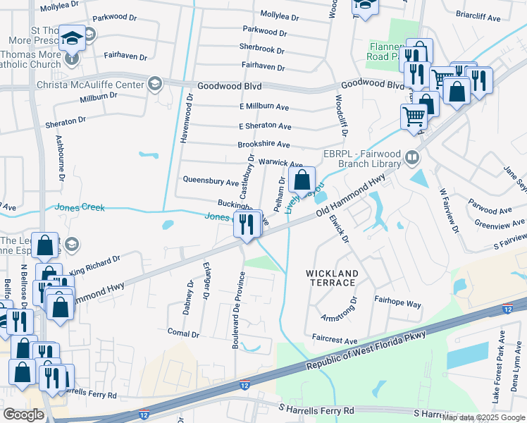 map of restaurants, bars, coffee shops, grocery stores, and more near 1545 Montgomery Drive in Baton Rouge