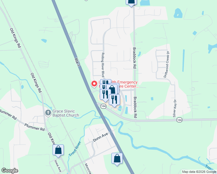 map of restaurants, bars, coffee shops, grocery stores, and more near 11436 Rolling River Boulevard in Jacksonville