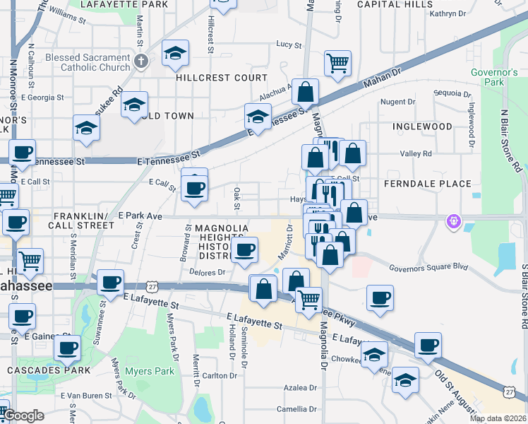 map of restaurants, bars, coffee shops, grocery stores, and more near 1001 Hays Street in Tallahassee