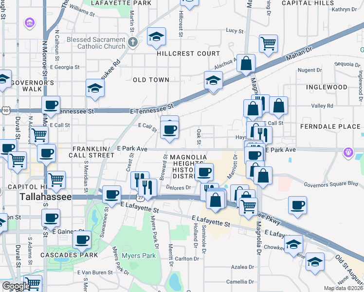 map of restaurants, bars, coffee shops, grocery stores, and more near 830 East Park Avenue in Tallahassee