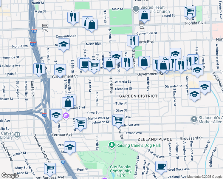 map of restaurants, bars, coffee shops, grocery stores, and more near 1930 Wisteria Street in Baton Rouge