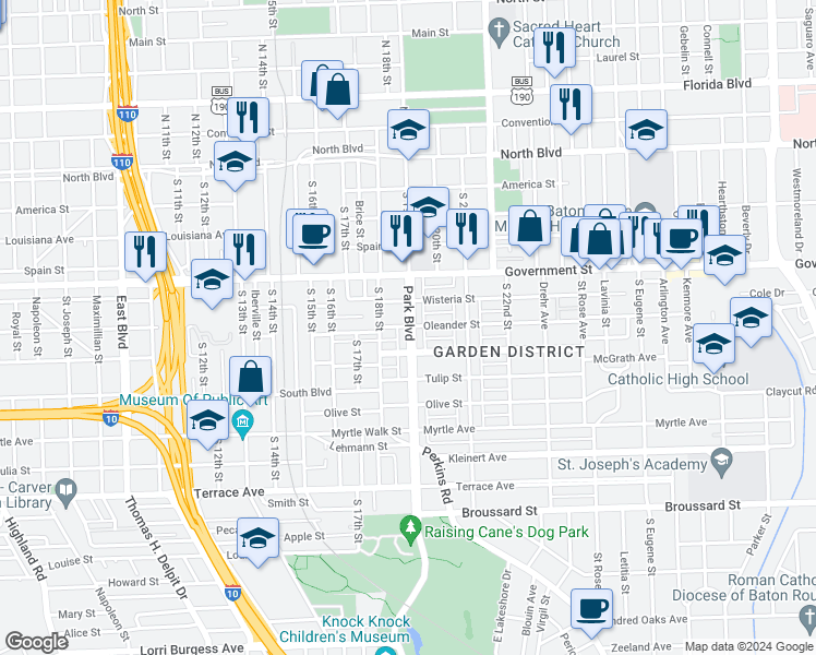 map of restaurants, bars, coffee shops, grocery stores, and more near 1930 Wisteria Street in Baton Rouge