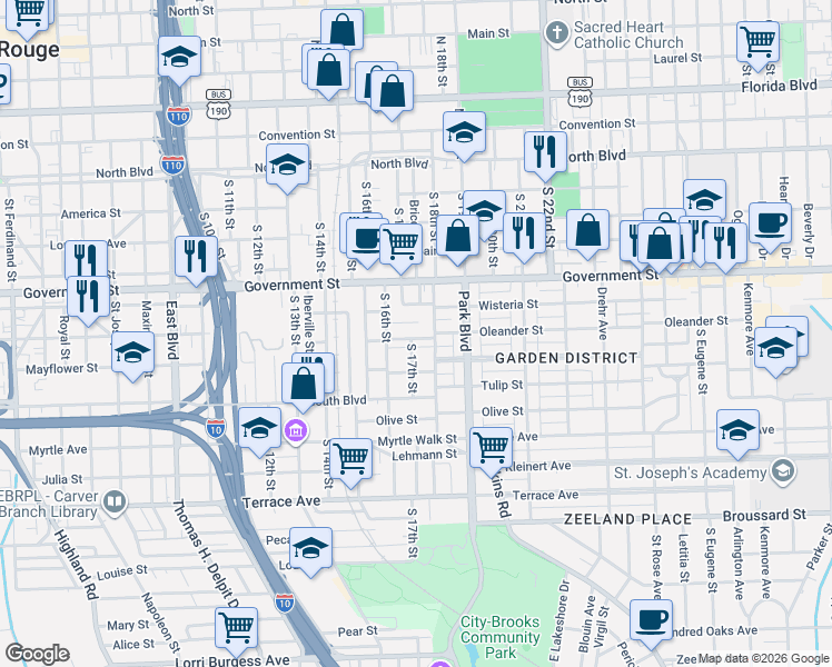 map of restaurants, bars, coffee shops, grocery stores, and more near 1635 Blanche Court in Baton Rouge