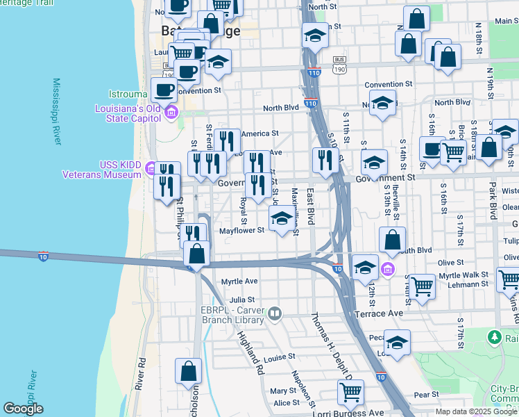 map of restaurants, bars, coffee shops, grocery stores, and more near 630 Beauregard Street in Baton Rouge