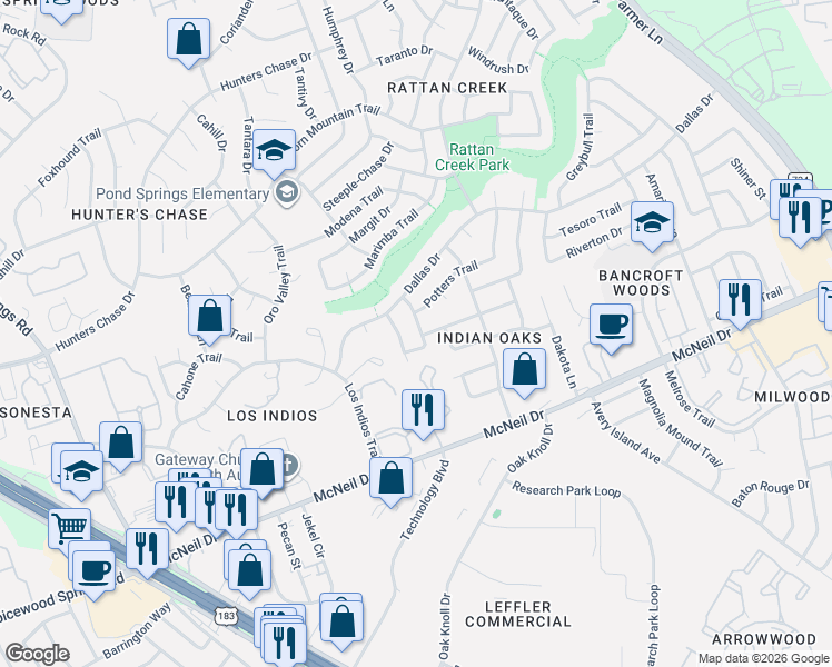 map of restaurants, bars, coffee shops, grocery stores, and more near 12612 Wittmer Drive in Austin