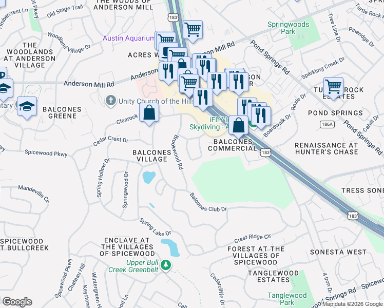 map of restaurants, bars, coffee shops, grocery stores, and more near 11904 Brookwood Circle in Austin