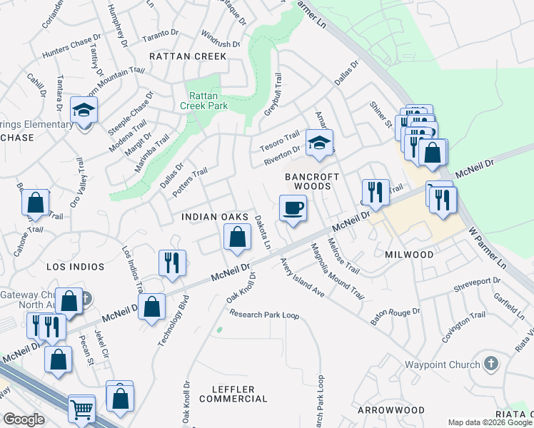 map of restaurants, bars, coffee shops, grocery stores, and more near 6905 Bancroft Woods Drive in Austin