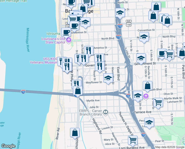 map of restaurants, bars, coffee shops, grocery stores, and more near 603 Saint Charles Street in Baton Rouge