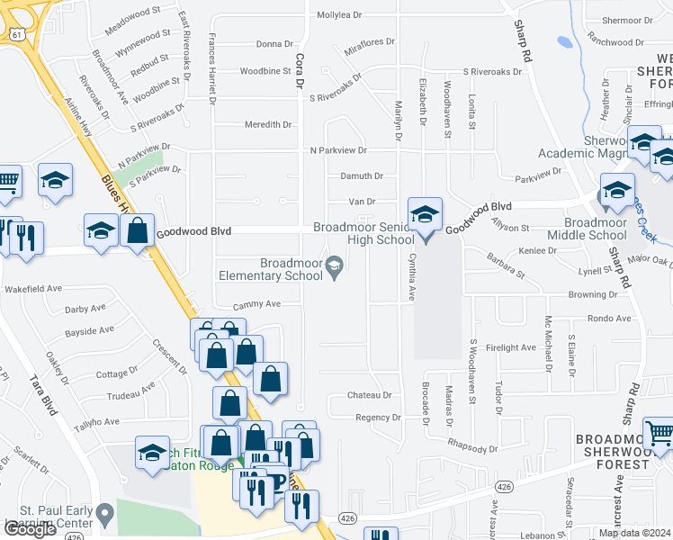 map of restaurants, bars, coffee shops, grocery stores, and more near 9650 Goodwood Boulevard in Baton Rouge