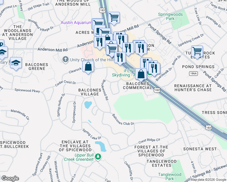 map of restaurants, bars, coffee shops, grocery stores, and more near 11904 Brookwood Circle in Austin