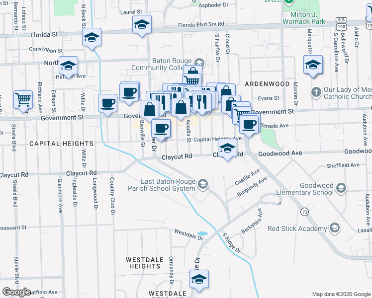 map of restaurants, bars, coffee shops, grocery stores, and more near 710 Acadia Street in Baton Rouge