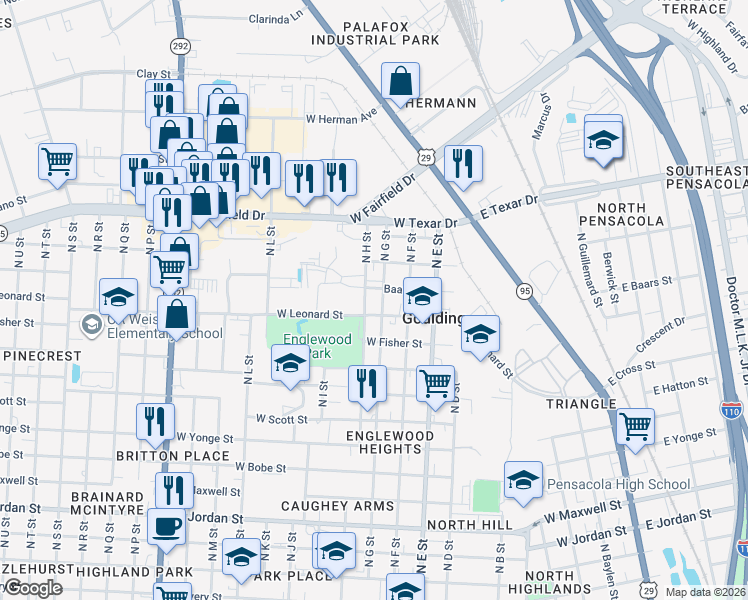 map of restaurants, bars, coffee shops, grocery stores, and more near 1190 West Leonard Street in Pensacola