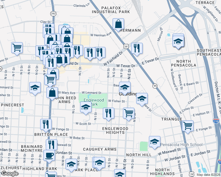 map of restaurants, bars, coffee shops, grocery stores, and more near 1190 West Leonard Street in Pensacola