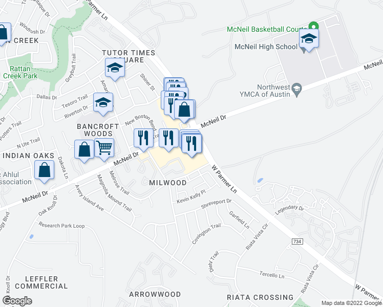 map of restaurants, bars, coffee shops, grocery stores, and more near 6005 West Parmer Lane in Austin