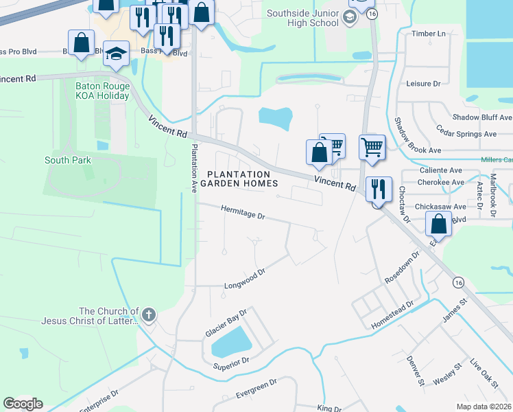 map of restaurants, bars, coffee shops, grocery stores, and more near 8100 Rosewood Drive in Denham Springs