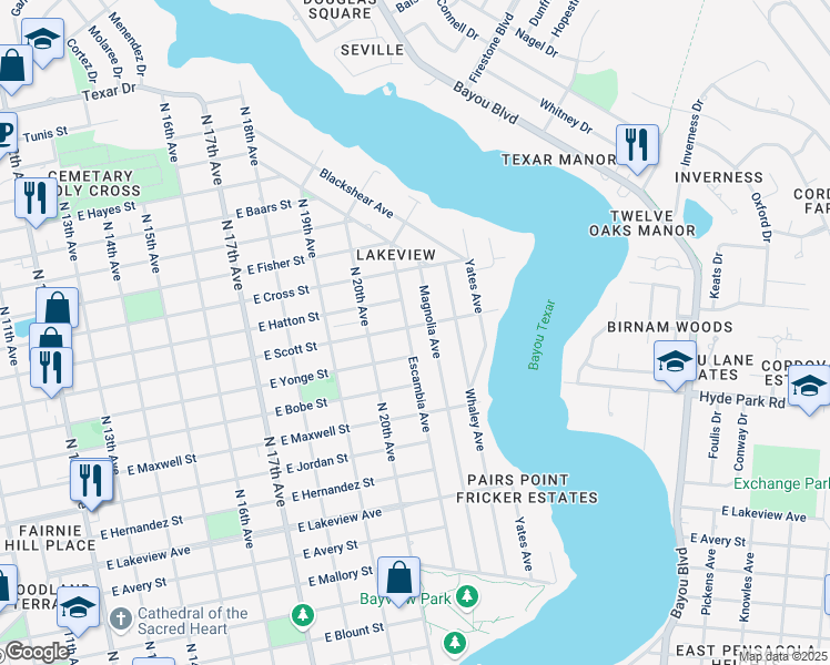 map of restaurants, bars, coffee shops, grocery stores, and more near 2490 Escambia Avenue in Pensacola