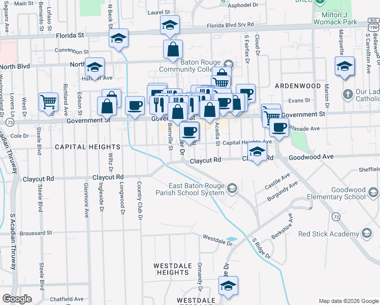 map of restaurants, bars, coffee shops, grocery stores, and more near in Baton Rouge