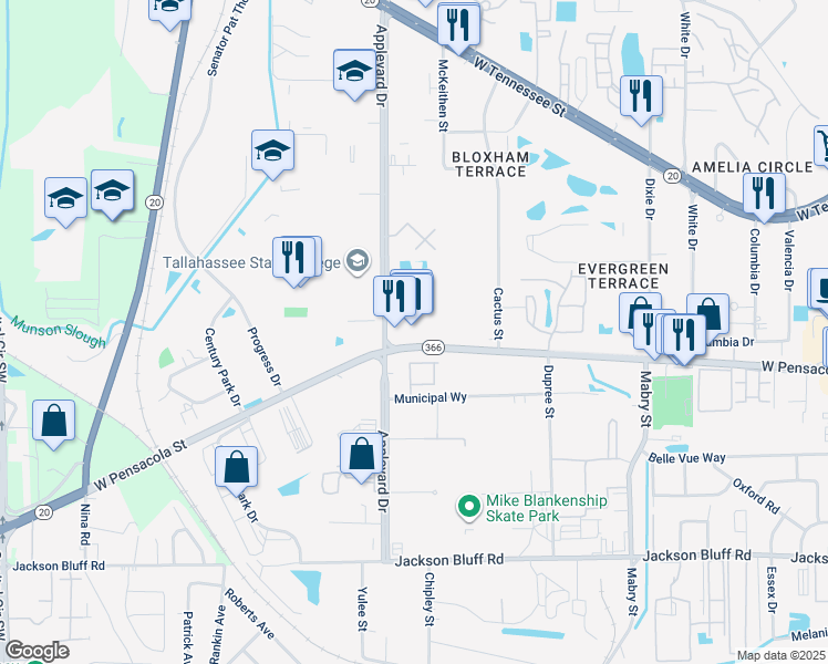 map of restaurants, bars, coffee shops, grocery stores, and more near 3030 West Pensacola Street in Tallahassee