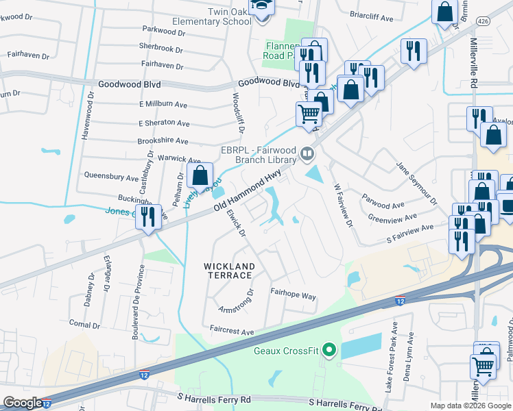 map of restaurants, bars, coffee shops, grocery stores, and more near 12500 Old Hammond Highway in Baton Rouge