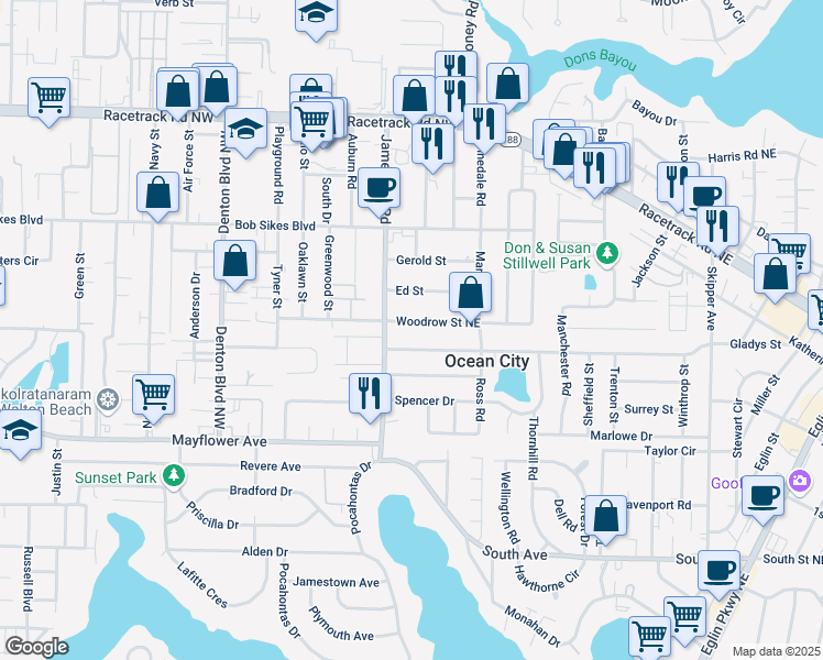 map of restaurants, bars, coffee shops, grocery stores, and more near 410 Woodrow Street Northeast in Fort Walton Beach