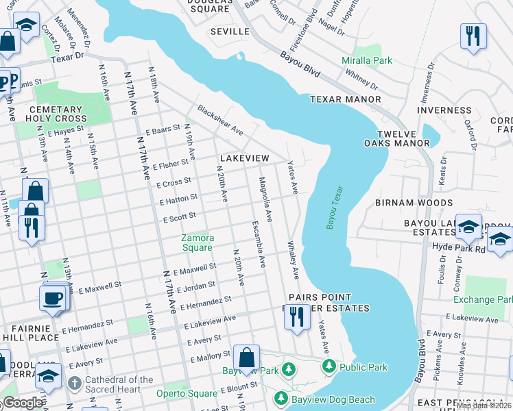 map of restaurants, bars, coffee shops, grocery stores, and more near 2490 Escambia Avenue in Pensacola