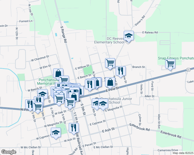 map of restaurants, bars, coffee shops, grocery stores, and more near 485 East Beech Street in Ponchatoula
