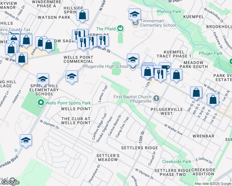 map of restaurants, bars, coffee shops, grocery stores, and more near 501 Spanish Ridge Cove in Pflugerville