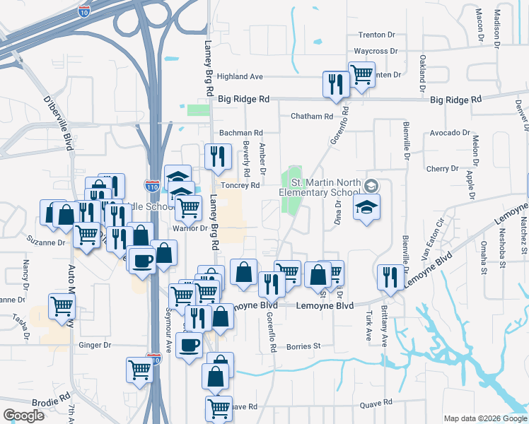 map of restaurants, bars, coffee shops, grocery stores, and more near 611 Peach Street in D'Iberville
