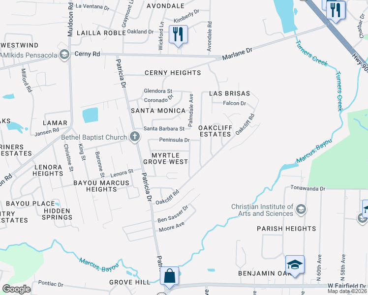 map of restaurants, bars, coffee shops, grocery stores, and more near 3090 Panama Drive in Pensacola