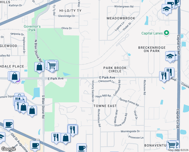 map of restaurants, bars, coffee shops, grocery stores, and more near 2096 East Park Avenue in Tallahassee