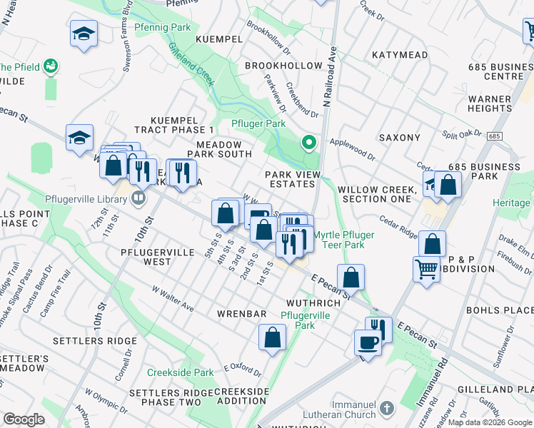 map of restaurants, bars, coffee shops, grocery stores, and more near 300 West Walnut Street in Pflugerville