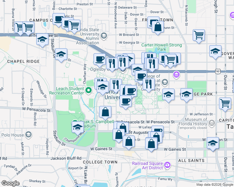 map of restaurants, bars, coffee shops, grocery stores, and more near 222 South Copeland Street in Tallahassee