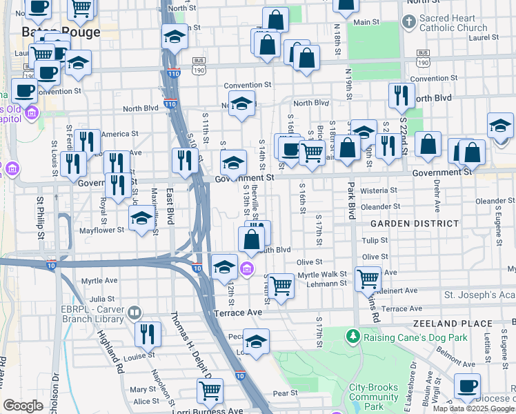 map of restaurants, bars, coffee shops, grocery stores, and more near 602 Wisteria Street in Baton Rouge