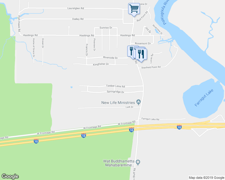 map of restaurants, bars, coffee shops, grocery stores, and more near 1600 Springridge Drive in Gautier