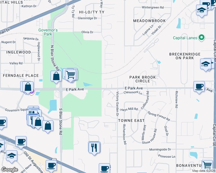 map of restaurants, bars, coffee shops, grocery stores, and more near 2051 Victory Garden Lane in Tallahassee